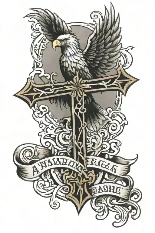 Cross with name and eagle perched tattoo design idea
