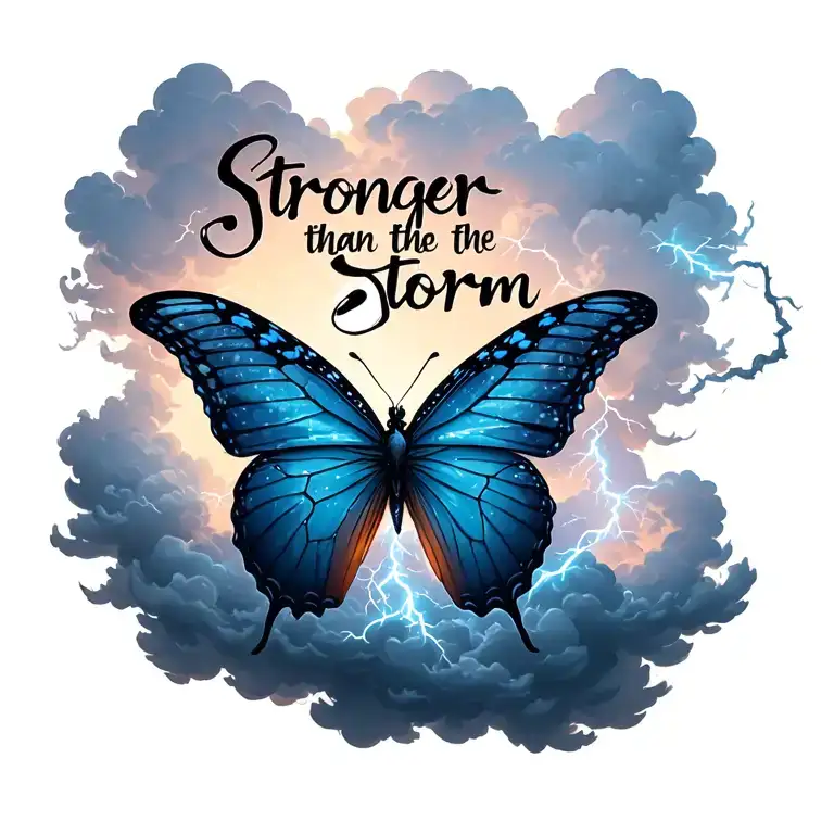 "Stronger than the storm"  "Stronger than the storm" butterfly emerging from storm clouds forming the shape lightening tattoo design idea