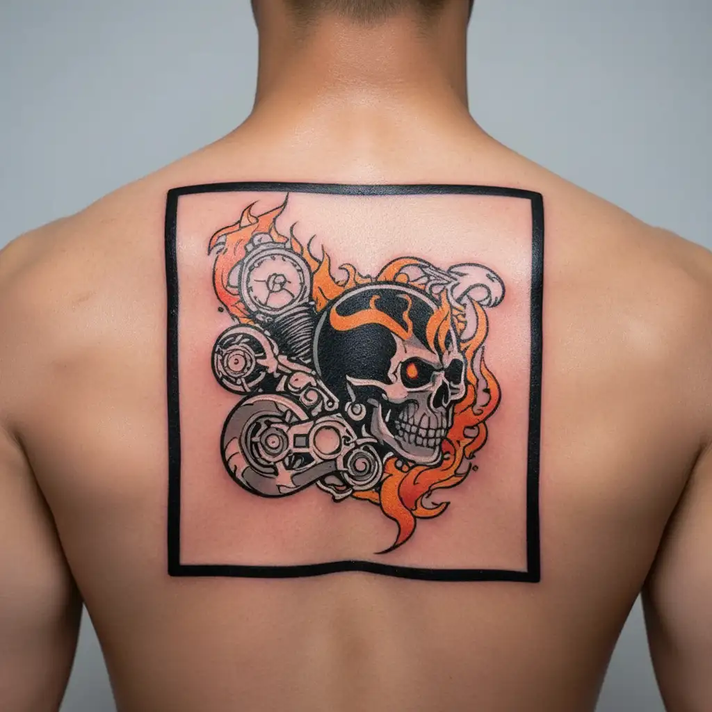 arm sleeve tattoo featuring Honda car logo, flames, V-Twin engine, eyeballs, skulls tattoo design idea