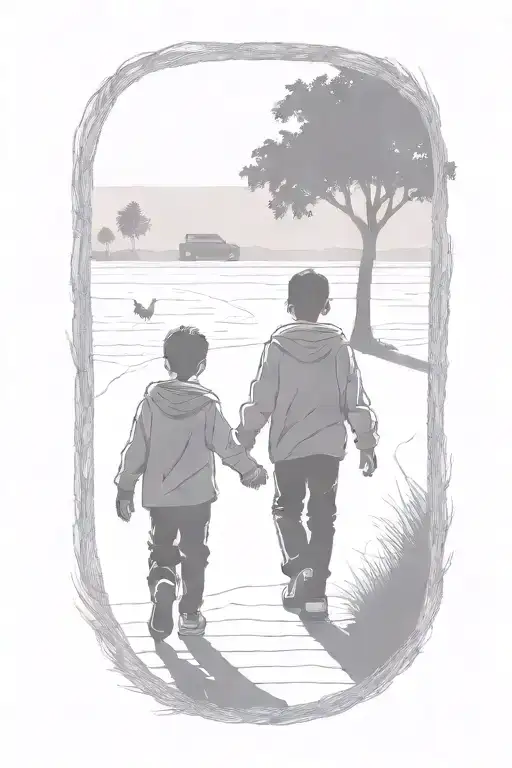 siloutte of an older brother and younger brother walking away hand in hand tattoo design idea