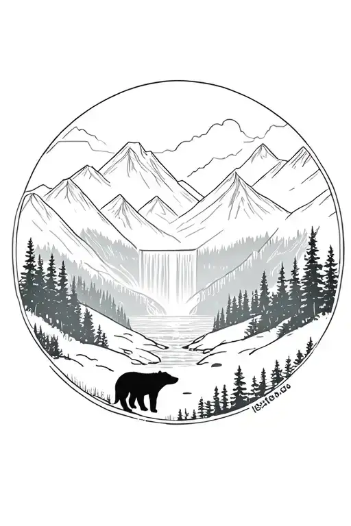 wolf and bear in the woods with mountains and a waterfall tattoo design idea