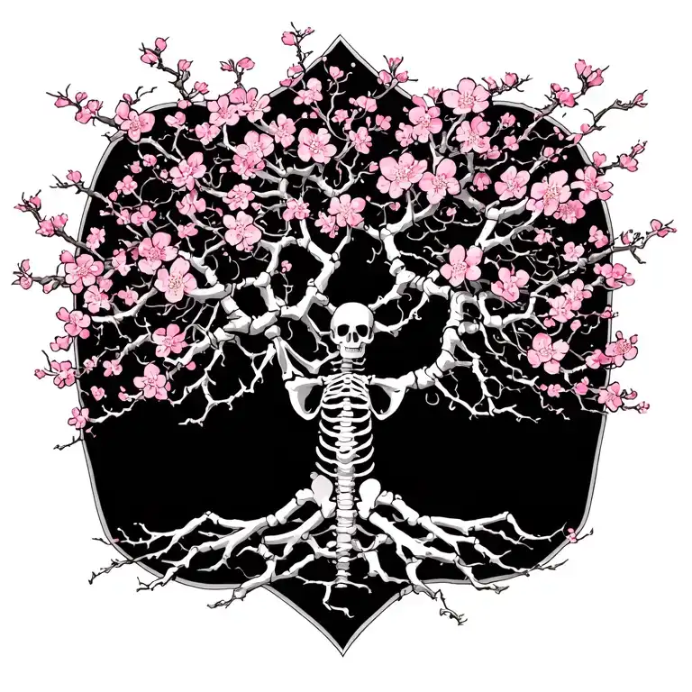 japanise cherry blossom skeleton tree intertwined within tattoo design idea