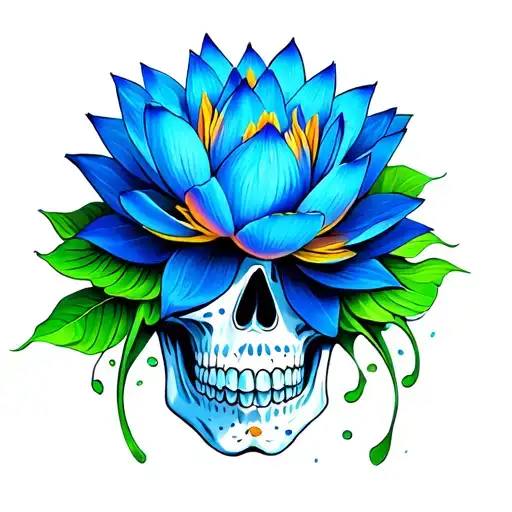blue lotus flower on green multicolored sugar skull tattoo design idea