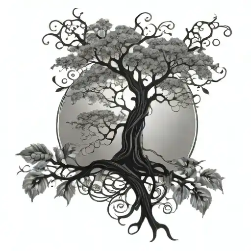 A majestic tree with intricate leaf patterns and a fairy resting on one of the branches tattoo design idea