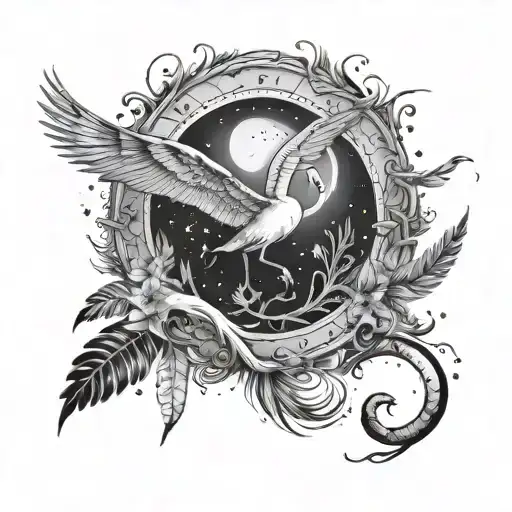 stylized infinity, moon, cancer constellation, feather, heart, carpe diem, dandelion in the wind, dove, flamingo. tattoo design idea
