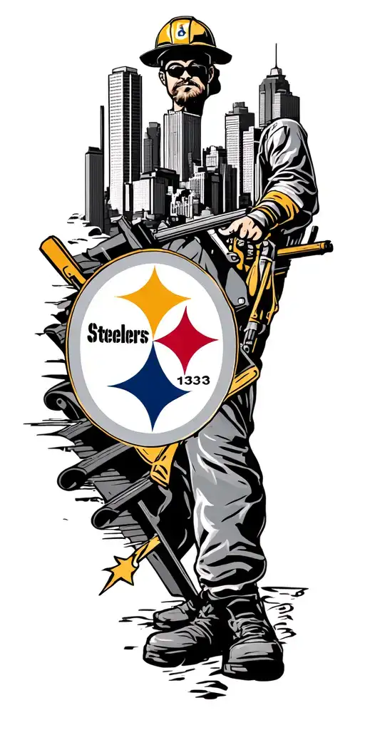Pittsburgh skyline, Steelers logo, construction worker, iron worker, penguins logo, incline for a full sleeve, 1933 tattoo design idea