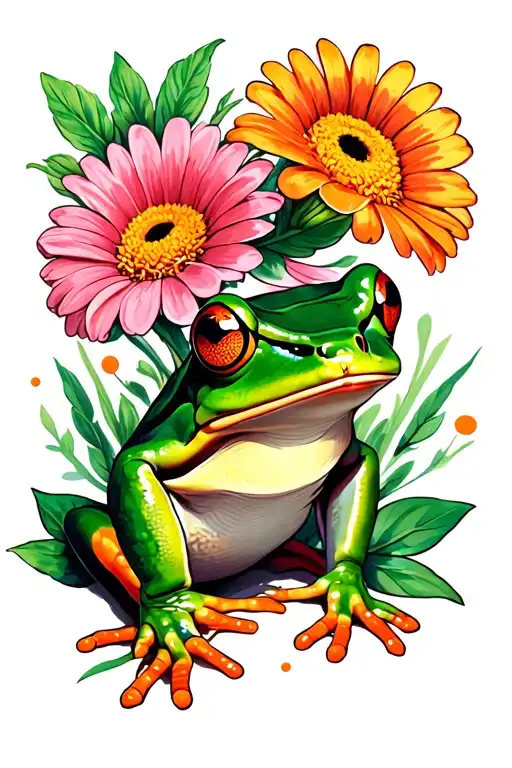 green frog in gerberas flower surrounded traditional style tattoo design idea