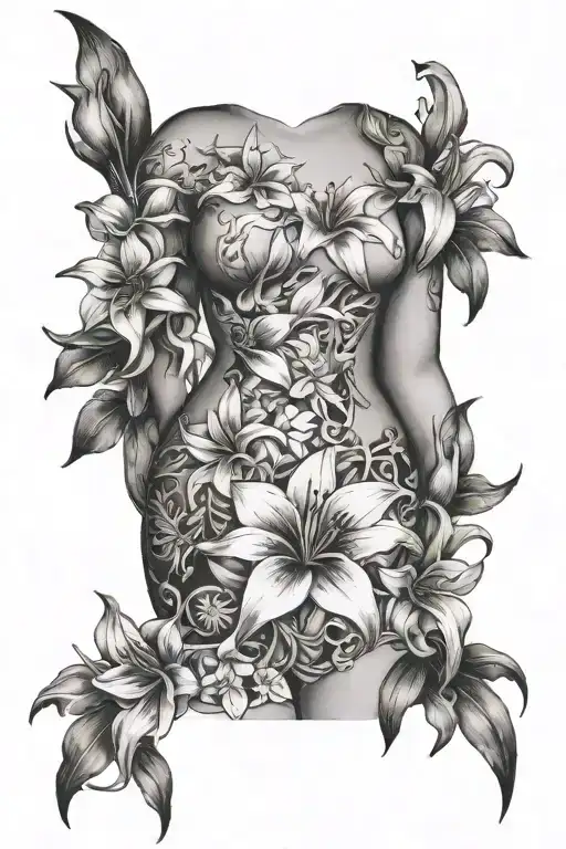 plus size body with lillies wrapping tattoo design idea
