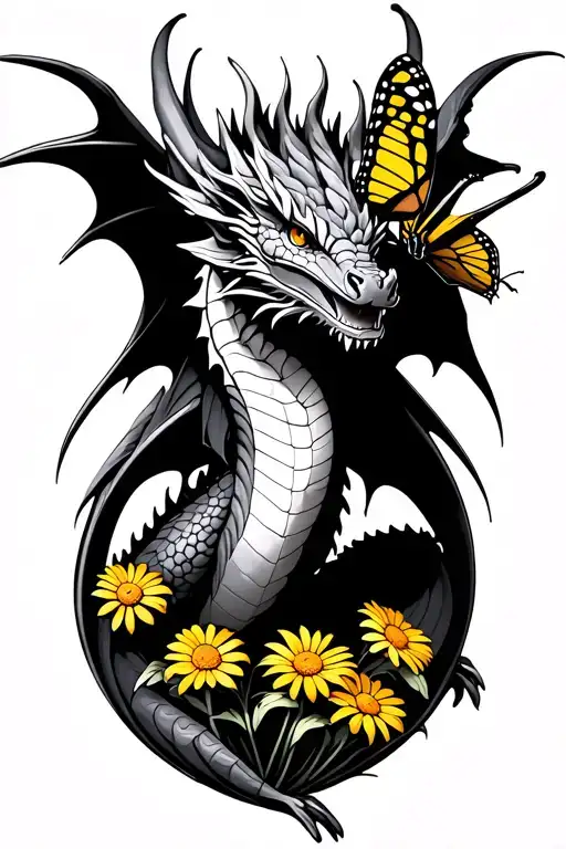 Full body dragon with wings peaceful looking with a yellow swallowtail butterfly landing on its nose and yellow daisies  tattoo design idea