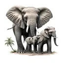 mother elephant, 2 teen, 1 baby elephant standing add trees and huts tattoo design idea