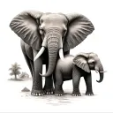 mother elephant, 2 teen, 1 baby elephant standing add trees and huts tattoo design idea