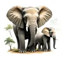 mother elephant, 2 teen, 1 baby elephant standing add trees and huts tattoo design idea