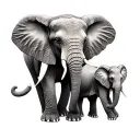 mother elephant, 2 teen, 1 baby elephant standing add trees and huts tattoo design idea