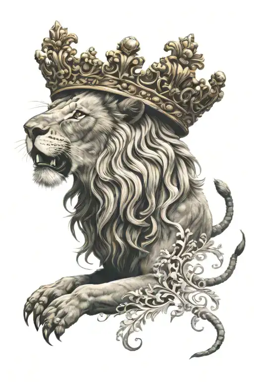 lion with baroque crown roaring at crab tattoo design idea