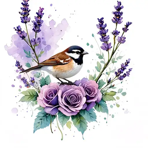Realistic Style, a Sparrow sitting on two lines, Roses, lavender, black and light colours  tattoo design idea