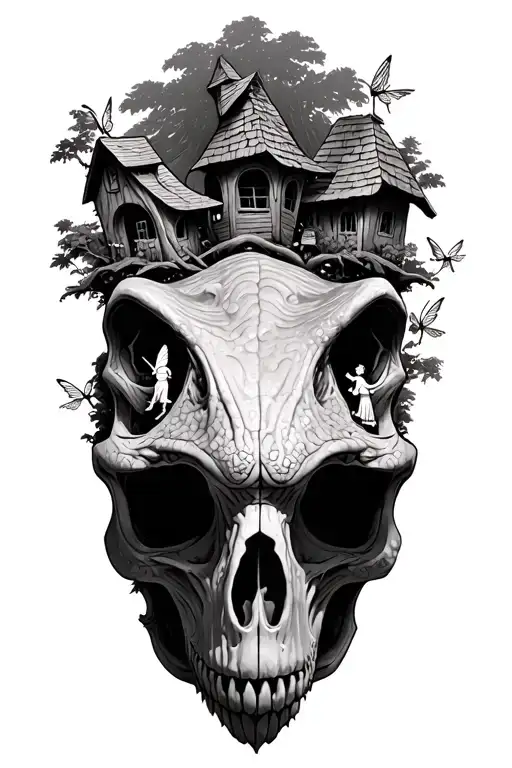trex skull at base of tree with fairy houses and fairies tattoo design idea
