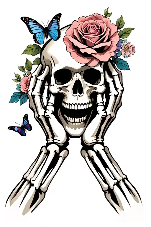 skeleton hands gripping a skull with an open mouth and have roses and ither flowers and butterflies incorperated into it tattoo design idea