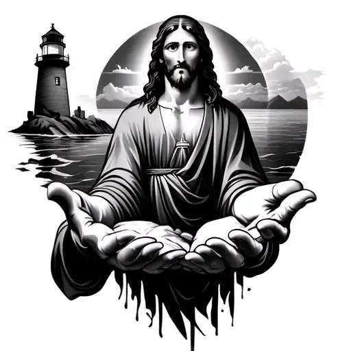 jesus open hands  beside lighthouse tattoo design idea