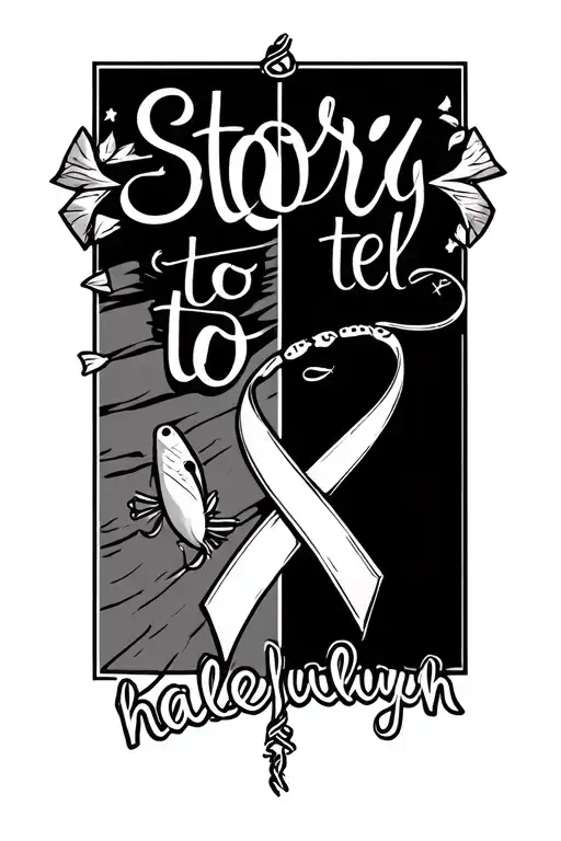 words "story to tell hallelujah" with cancer ribbon on one side and fishing lure on the other in black tattoo design idea