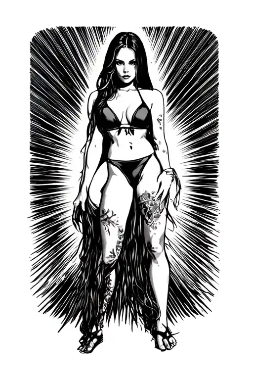 Sexy girl, petite, small boobs, wide hips, bikini . long hair,sexual. Seductive. Full Body, standing with legs and feet tattoo design idea