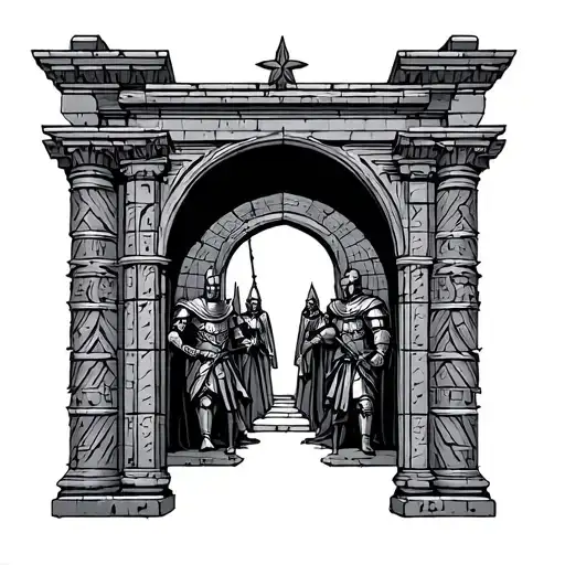 Make me an image to be used for a tattoo containing Babylon gates and the crusader knights protecting it  tattoo design idea