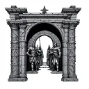 Make me an image to be used for a tattoo containing Babylon gates and the crusader knights protecting it  tattoo design idea