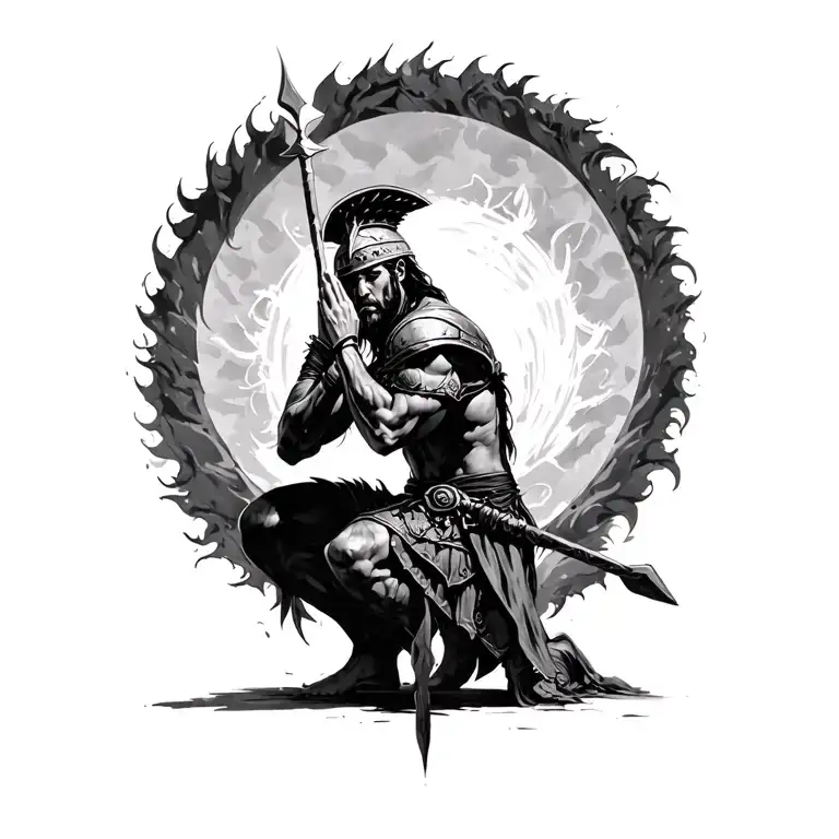 black and white drawing, Spartin warrior kneeling in prayer tattoo design idea