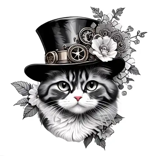 steampunk style tattoo for foot with delicate flowers a cat in a top hat and cogs tattoo design idea