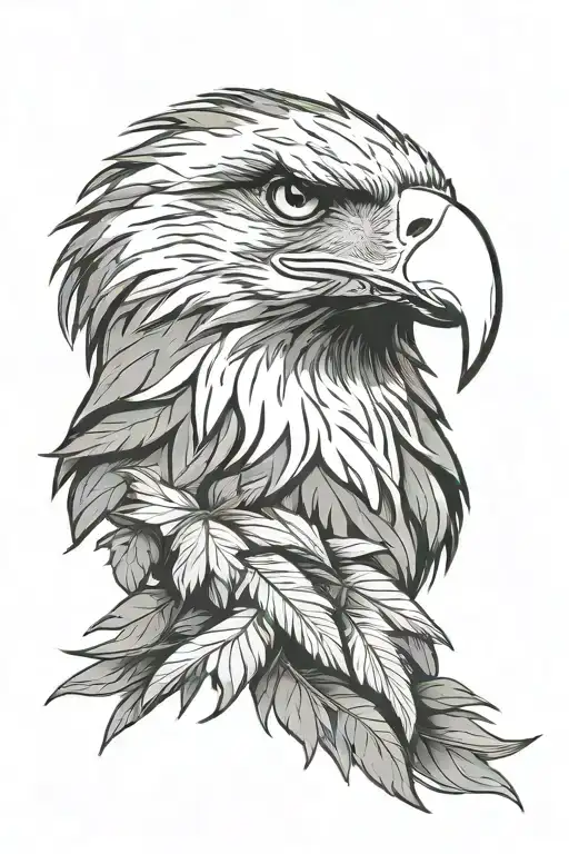 Layered eagle head portrait. Inner feathers detailed, outer feathers shaped like cannabis leaves, radiating outwards. tattoo design idea