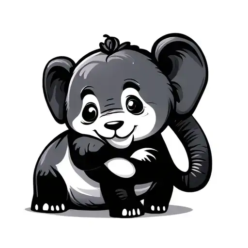 simple cartoon outline baby elephant with baby panda playing together tattoo design idea