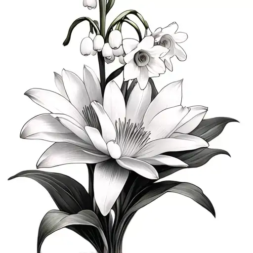 lily of the valley, narcissus, and water lily tattoo design idea