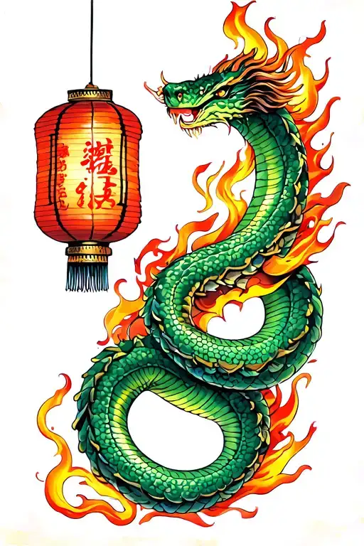 fire snake with chinese lantern surrounded tattoo design idea