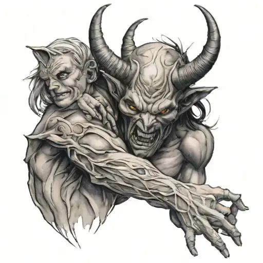 a demon hugging himself tattoo design idea
