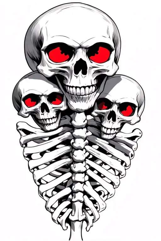 bone spinal cord with a three headed skull on the top. each skull has red eyes tattoo design idea