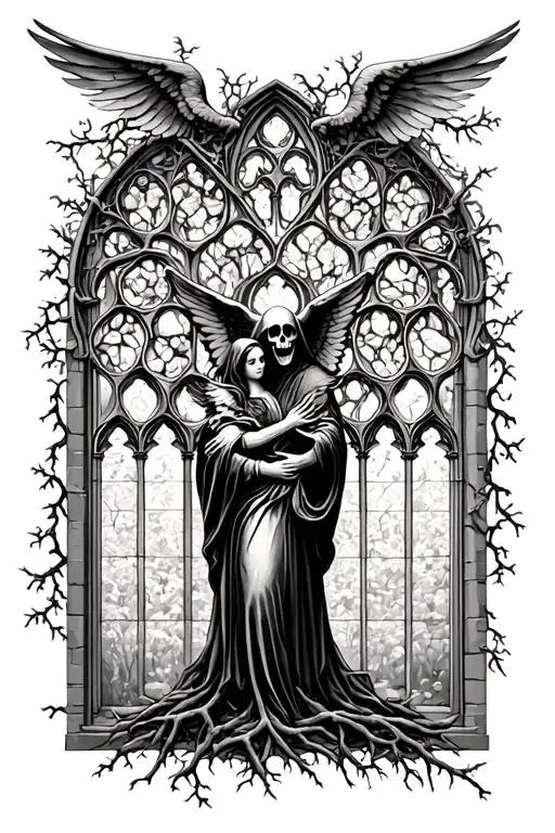 gothic cathedral window view of a family tree and vines and grim reaper embracing angel  tattoo design idea