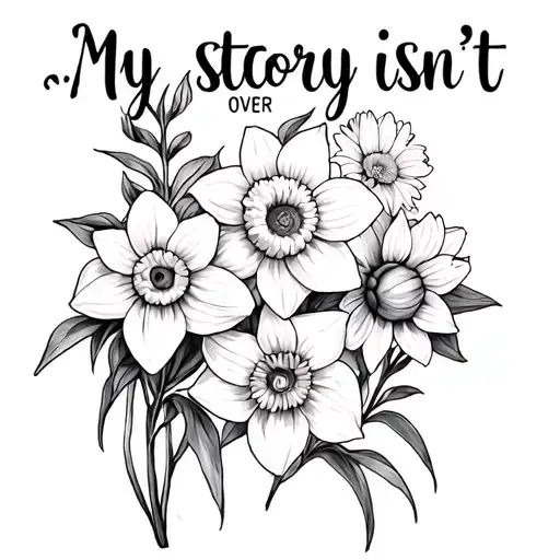 "My story isn’t over ;" "My story isn’t over ;" daffodils, larkspur, and chrysanthemum flowers tattoo design idea