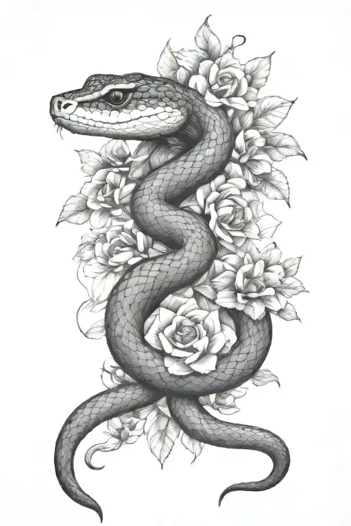 Half sleeve of a snake wrapped in flowers tattoo design idea