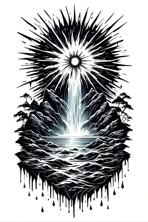 a sun melting into a waterfall that turns into rain drops tattoo design idea