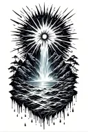 a sun melting into a waterfall that turns into rain drops tattoo design idea