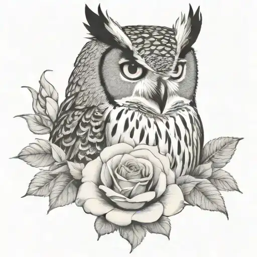 Eagle owl with a rose tattoo design idea