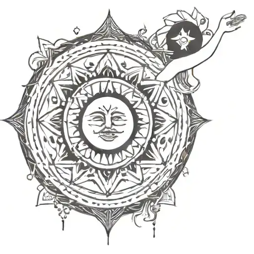 A woman's figure with her arms wide open holding a moon one hand and a sun on the other, inside a mandala tattoo design idea