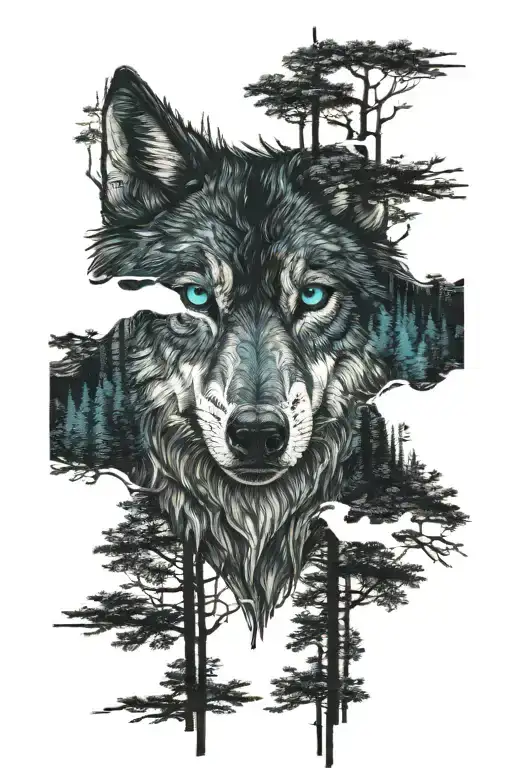 wolf blue eyes forest tattoo design idea