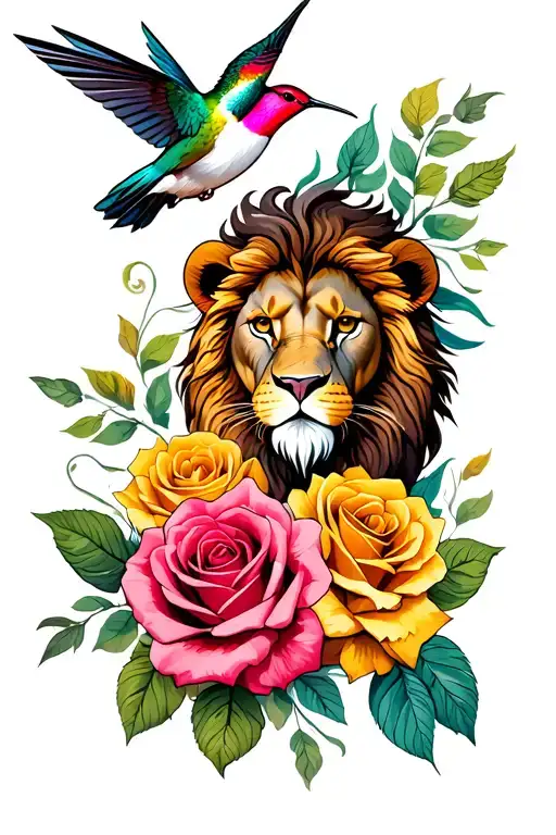 Lion Head ans humming bird flying 4 roses tattoo design idea