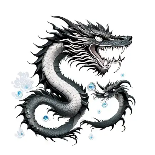marrin mother dragon with emerging 3 baies woth birthstones in their mouths tattoo design idea
