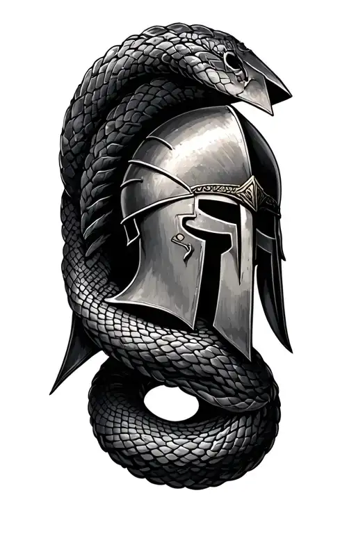 spartan helmet coiled in a serpent tattoo design idea