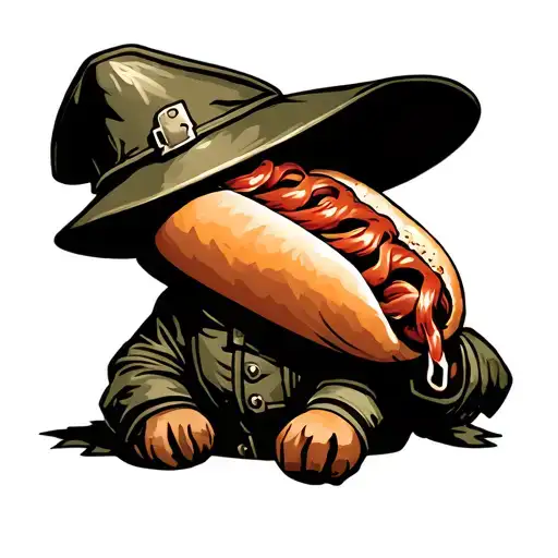 a hot dog dressed up like a world war 2 soldier tattoo design idea