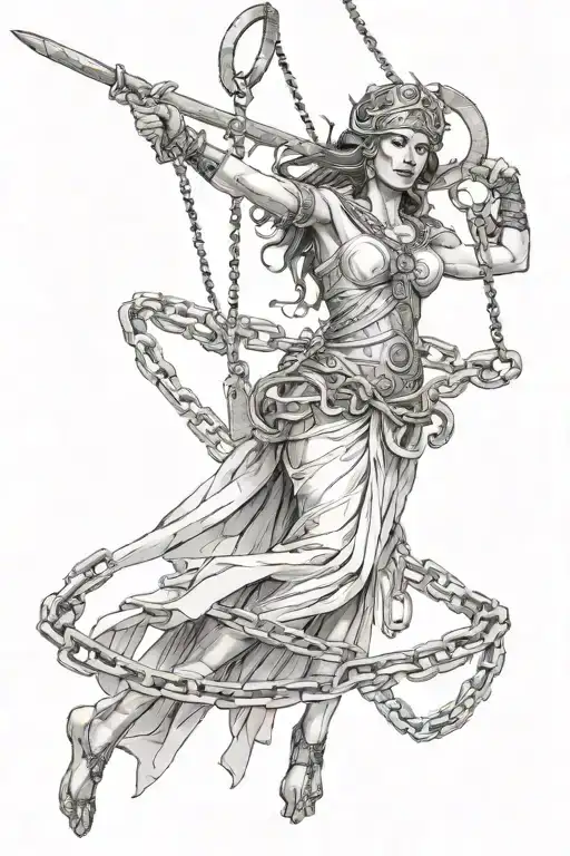 Greek godess  full body tied with chains and a lance going thorugh her hand tattoo design idea