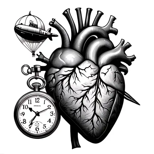 real heart with pocket watch in on left chest then halfan arm sleeve with a submarine and a hot airbaloon tattoo design idea