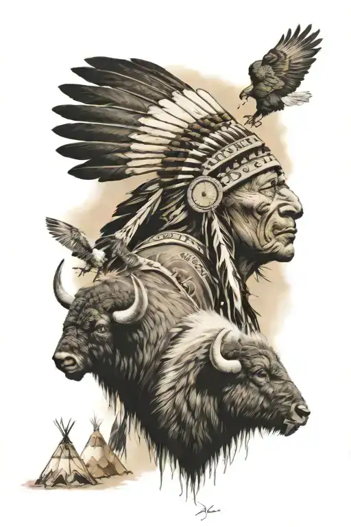 grass plains with bison, bald eagle, indian chief teepee's tattoo design idea
