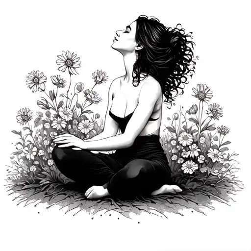 woman sitting empowered, looking up to the sky, flowers blooming around her, her hands in the soil tattoo design idea